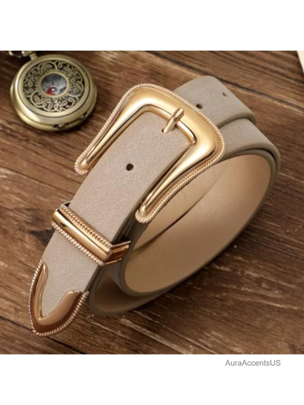 Women's Western Suede Leather Belt Retro Gold Buckle Cowgirl Belt for Jeans